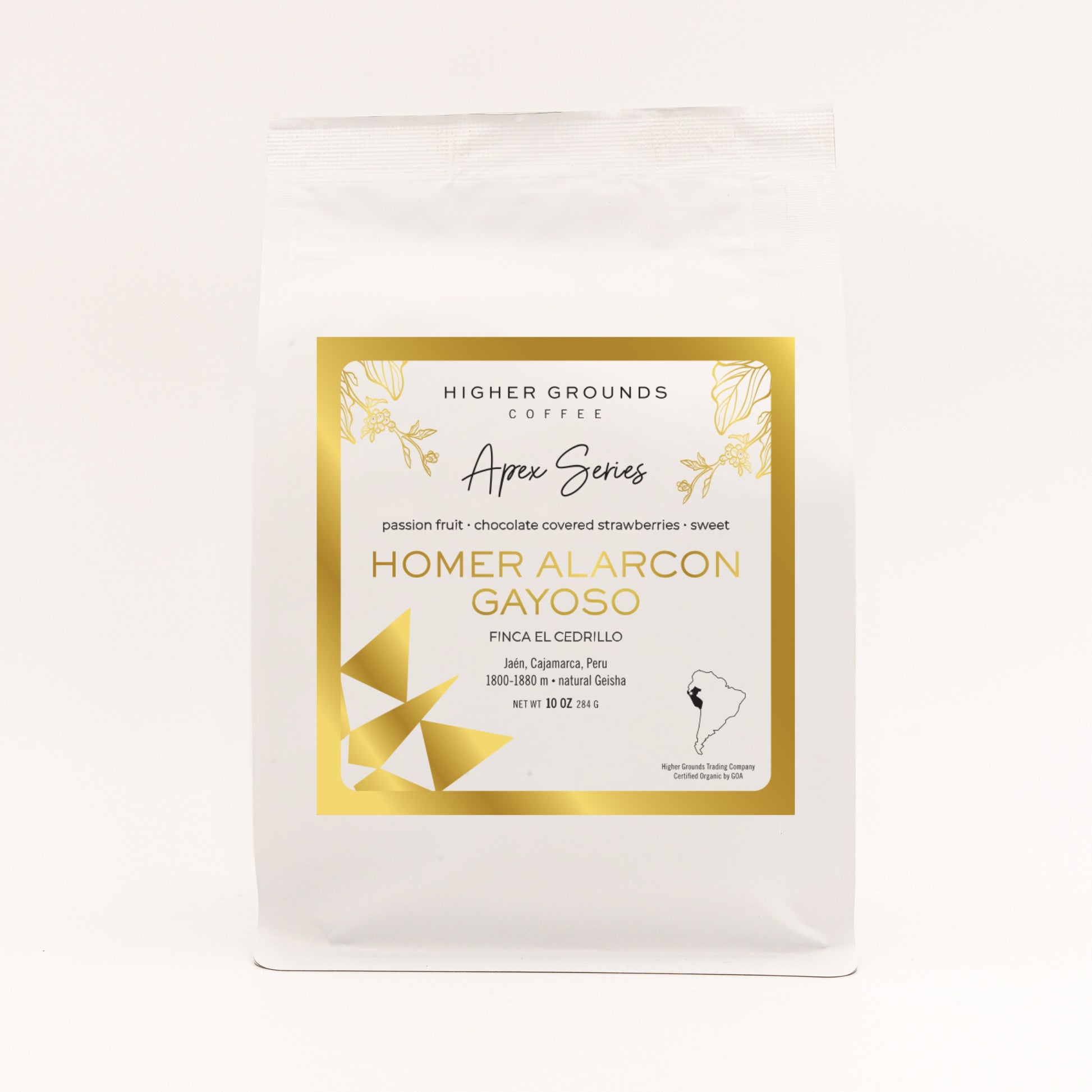 bag of organic roasted Peruvian coffee beans from higher grounds trading company