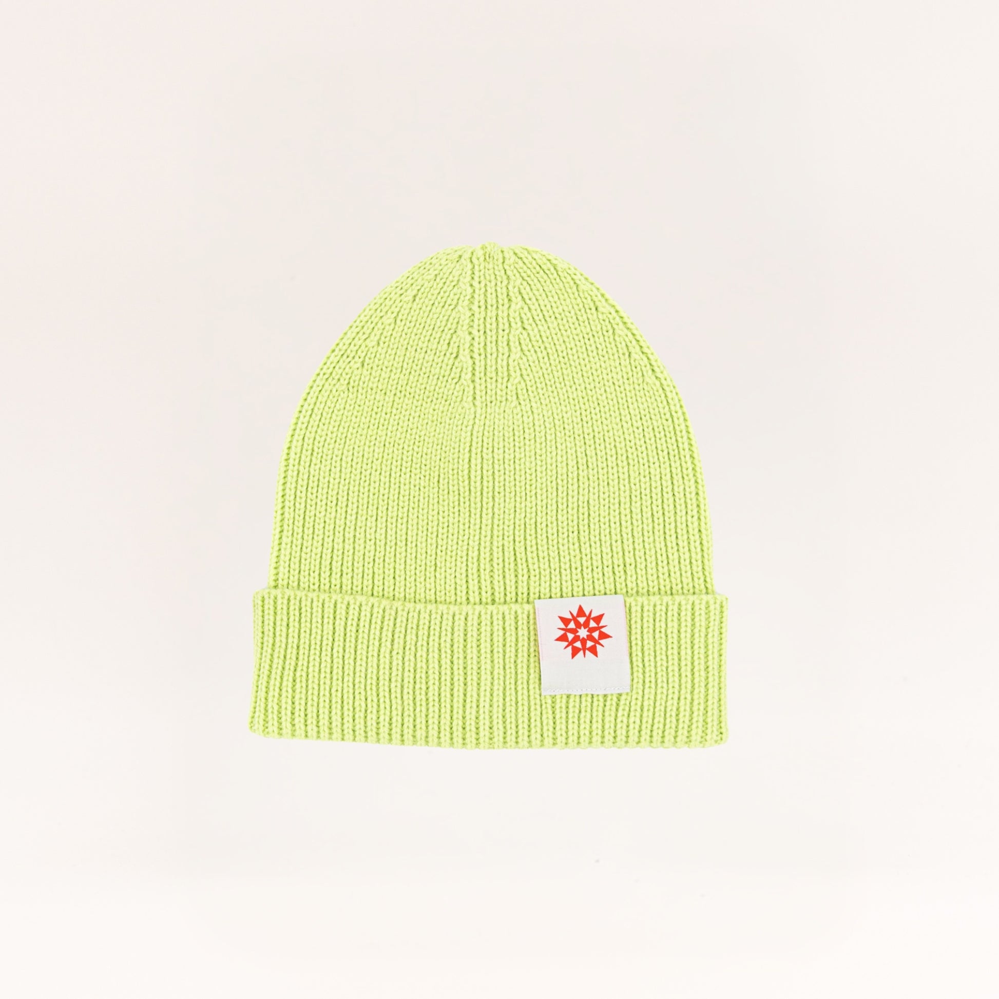 Acid green knit recycled cuffed beanie with Higher grounds Logo patch 