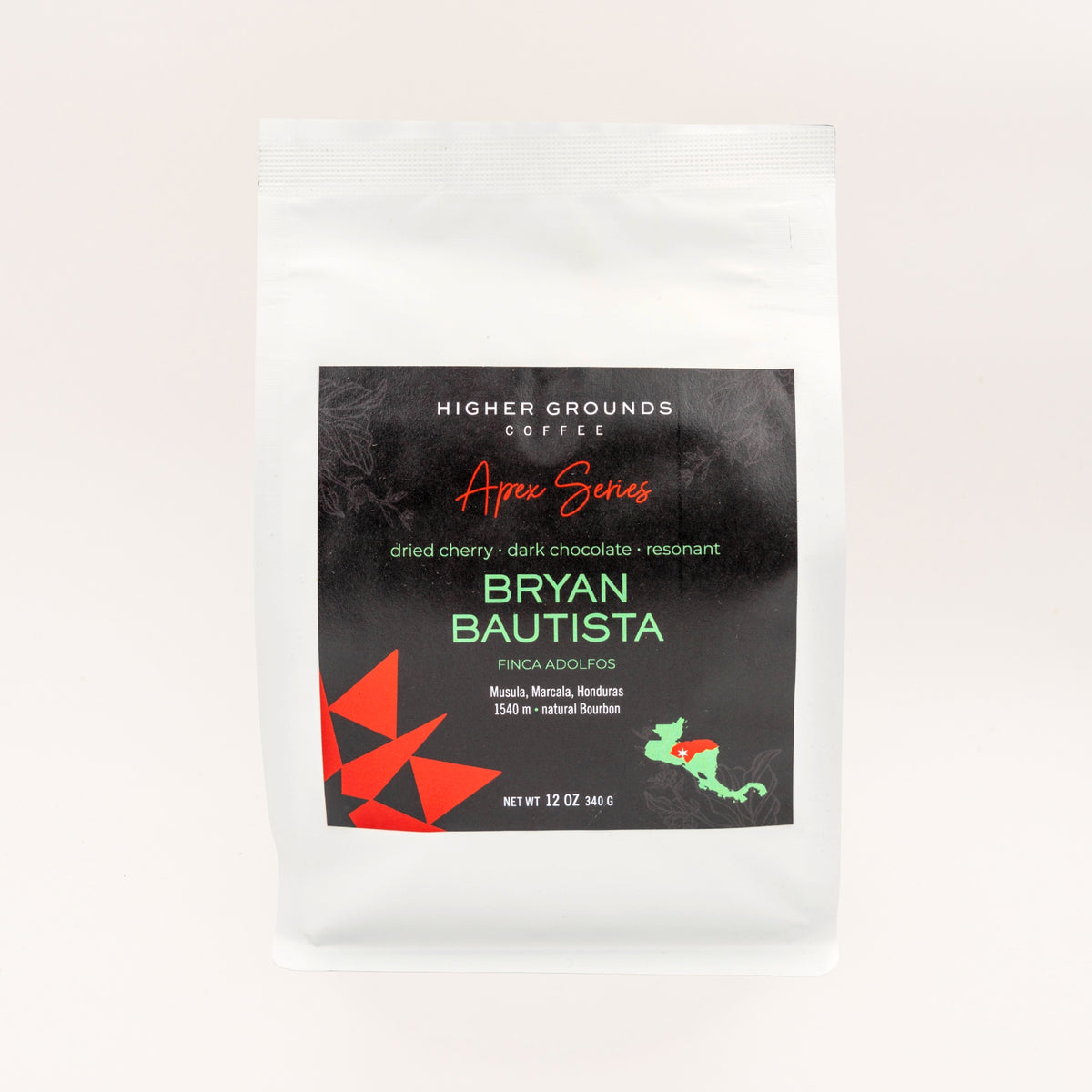 A white stand-up pouch of Higher Grounds Coffee Apex Series Bryan Bautista coffee, featuring a black label with red and green accents, set against a light off-white background.