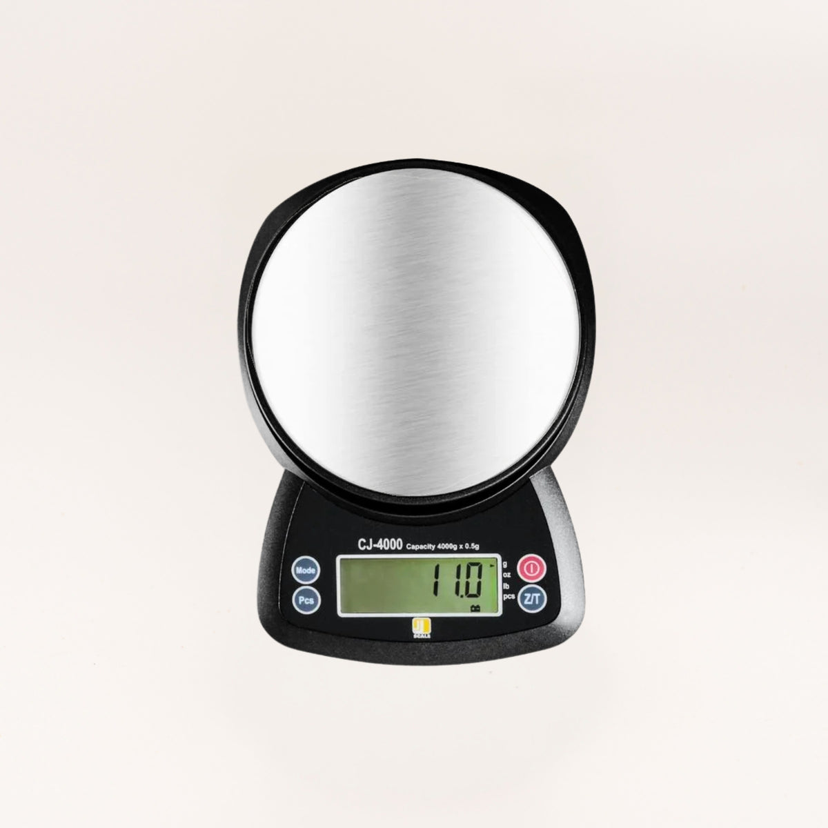 A digital scale with a brushed stainless steel weighing platform and a black plastic base, shown against a plain off-white background.