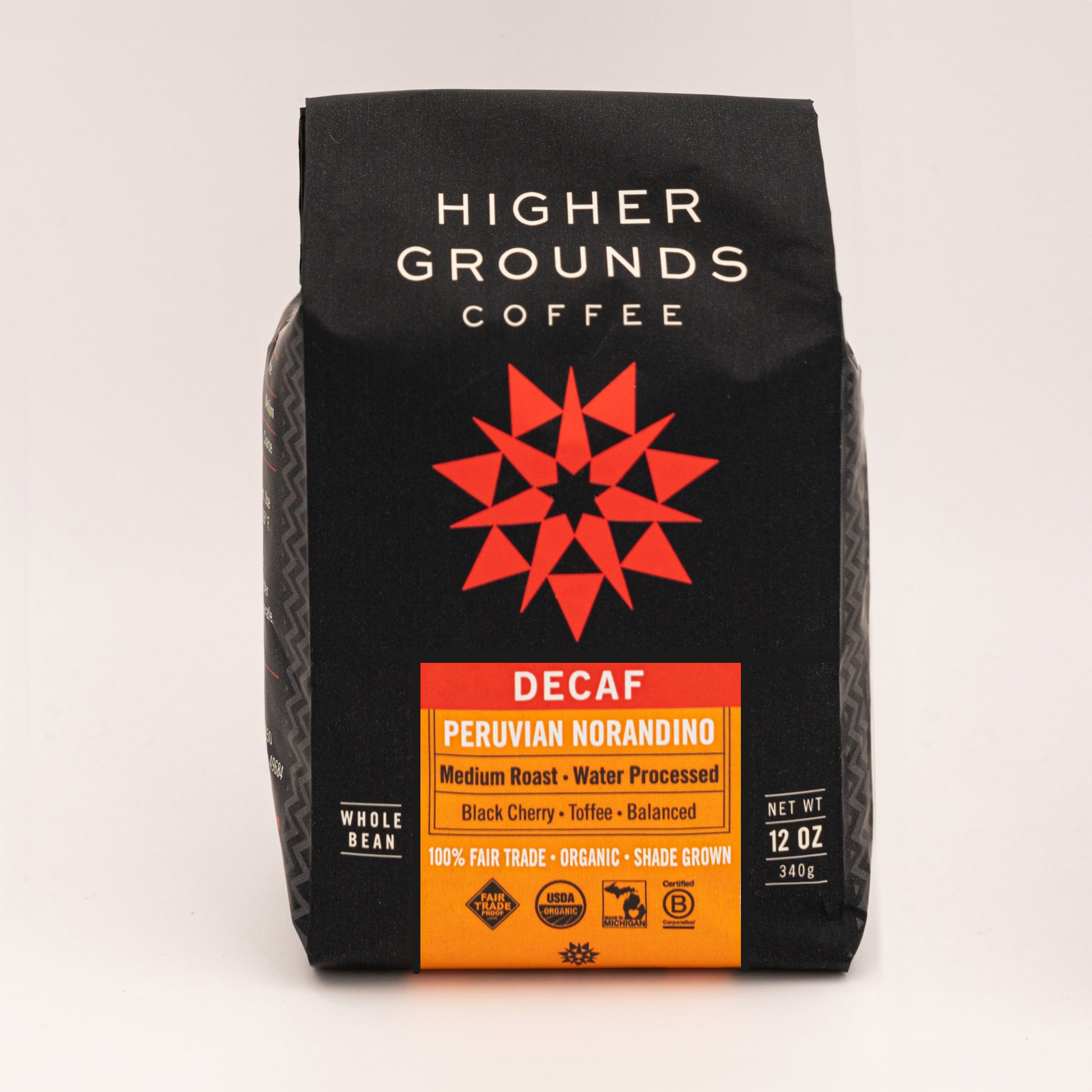 bag of organic Decaf Peruvian Nordandino coffee beans from Higher Grounds Trading Co