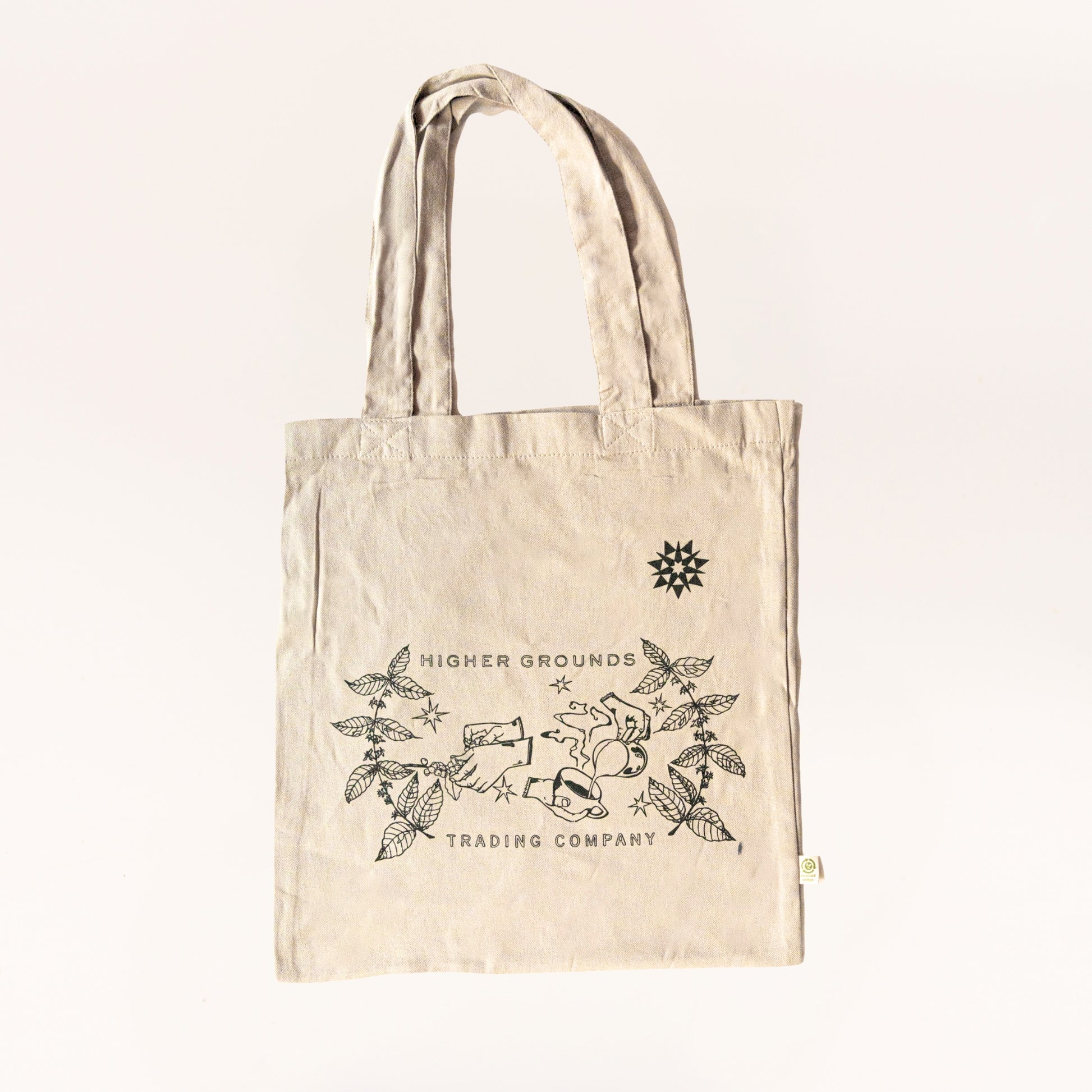 Off white recycled cotton tote bag with In Good Hands design