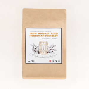 organic microdot bag of roasted Irish Whiskey Aged spirit enhanced Honduran coffee from Higher Grounds Trading Company
