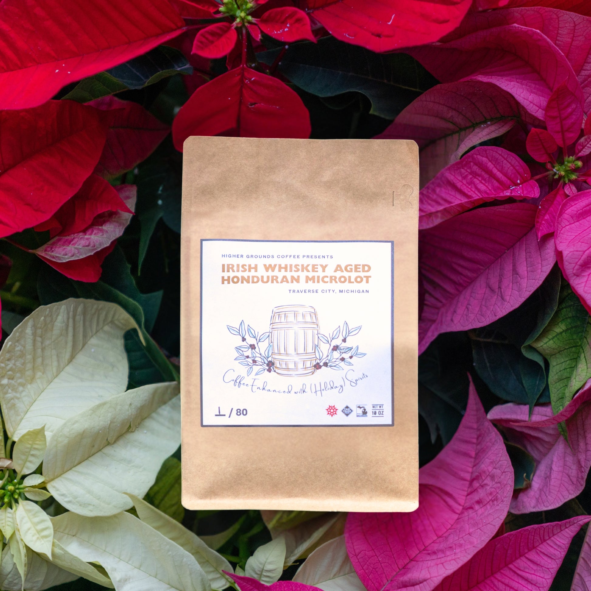 organic microdot bag of roasted Irish Whiskey Aged spirit enhanced Honduran coffee from Higher Grounds Trading Company