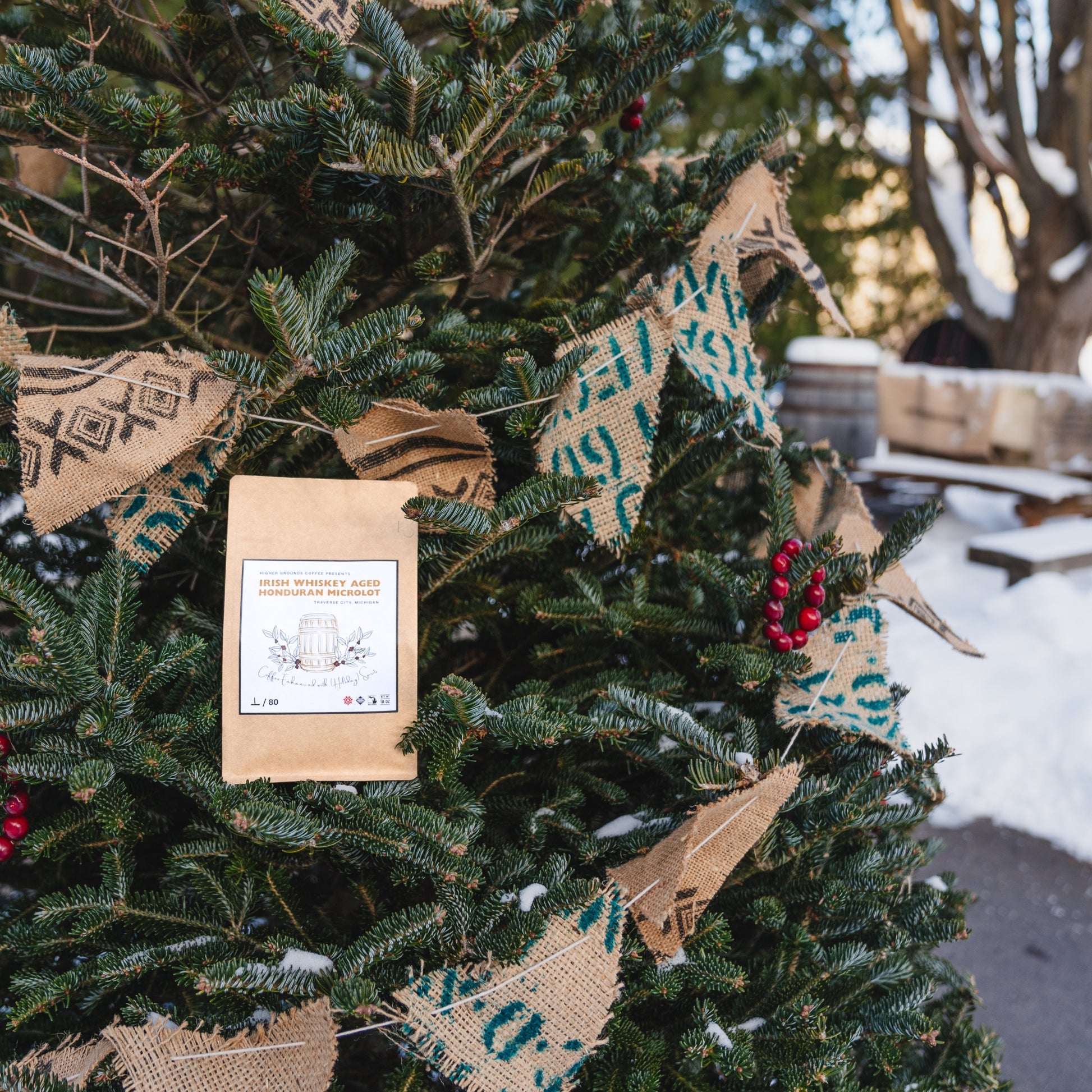 organic microdot bag of roasted Irish Whiskey Aged spirit enhanced Honduran coffee from Higher Grounds Trading Company