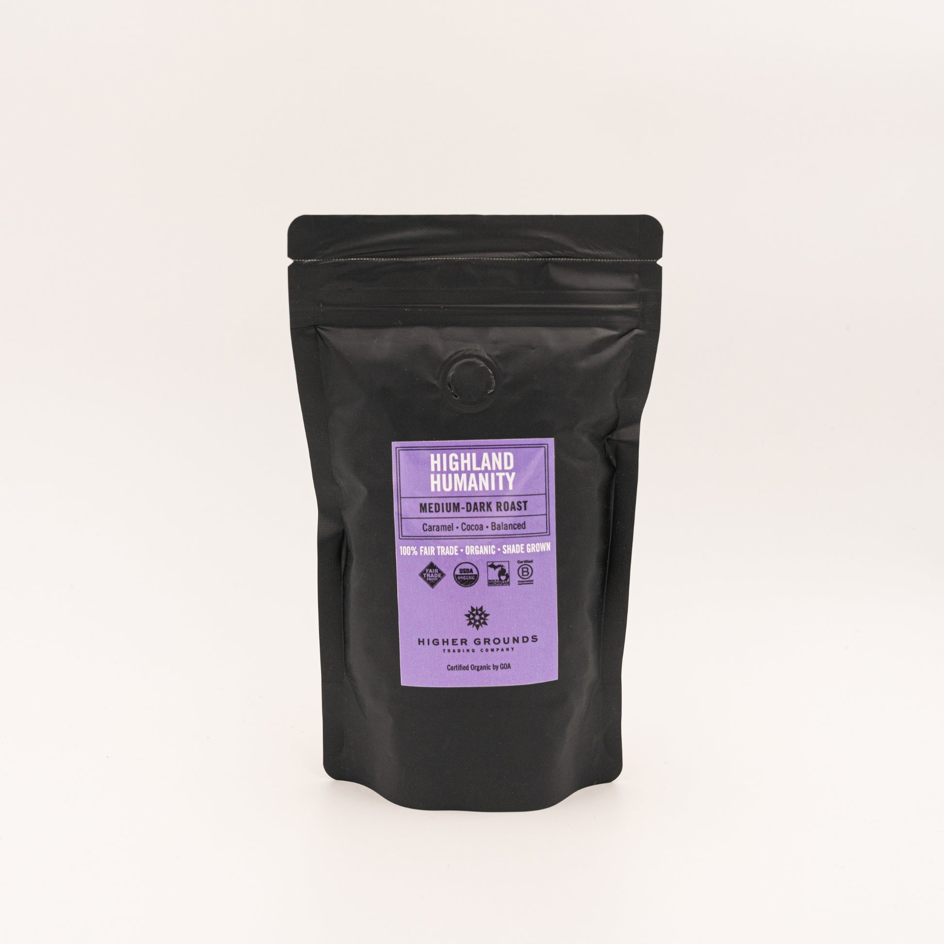bag of Higher Grounds roasted coffee in a 6oz sample sized bag