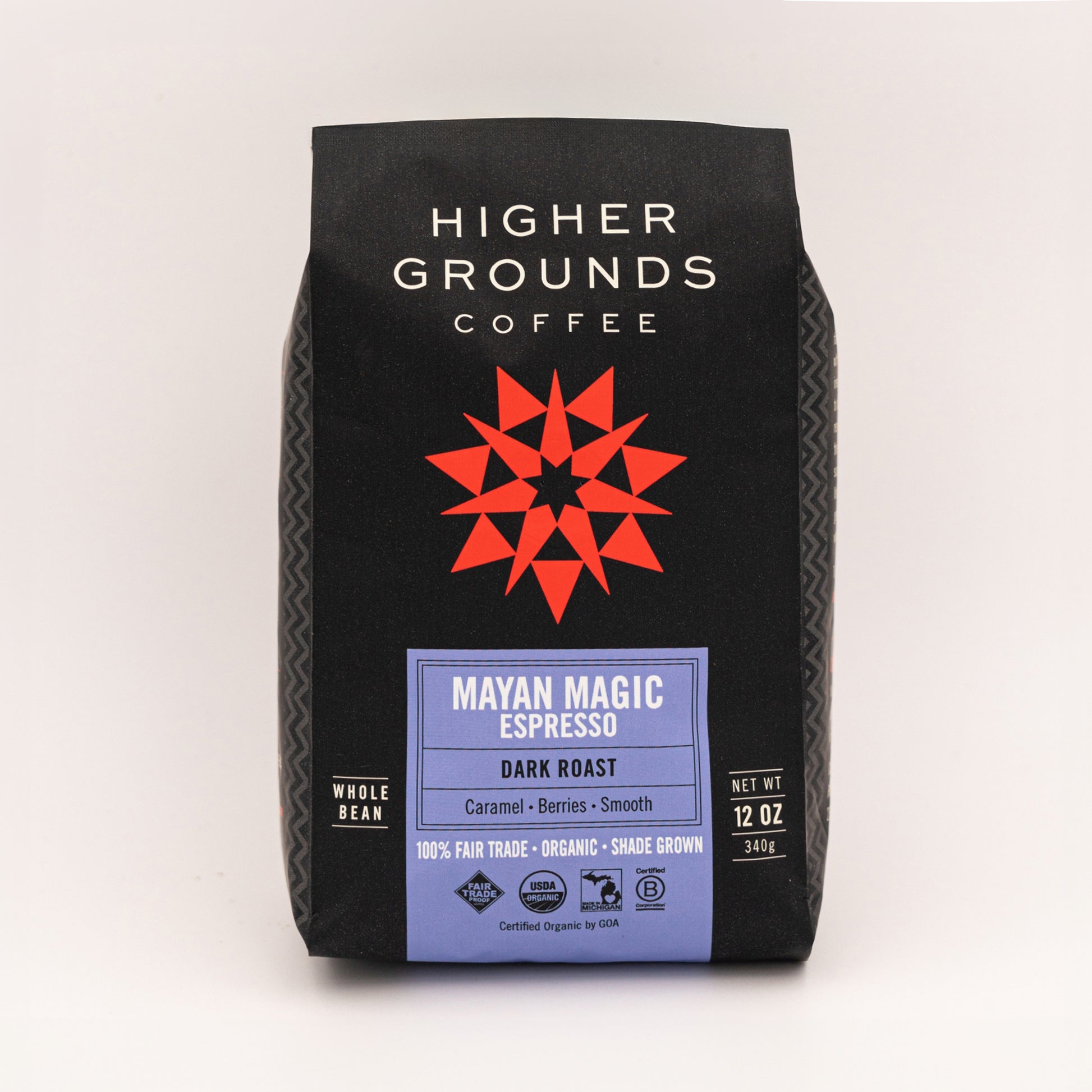 bag of organic dark roasted Maya Magic Espresso coffee beans from Higher Grounds Trading Co