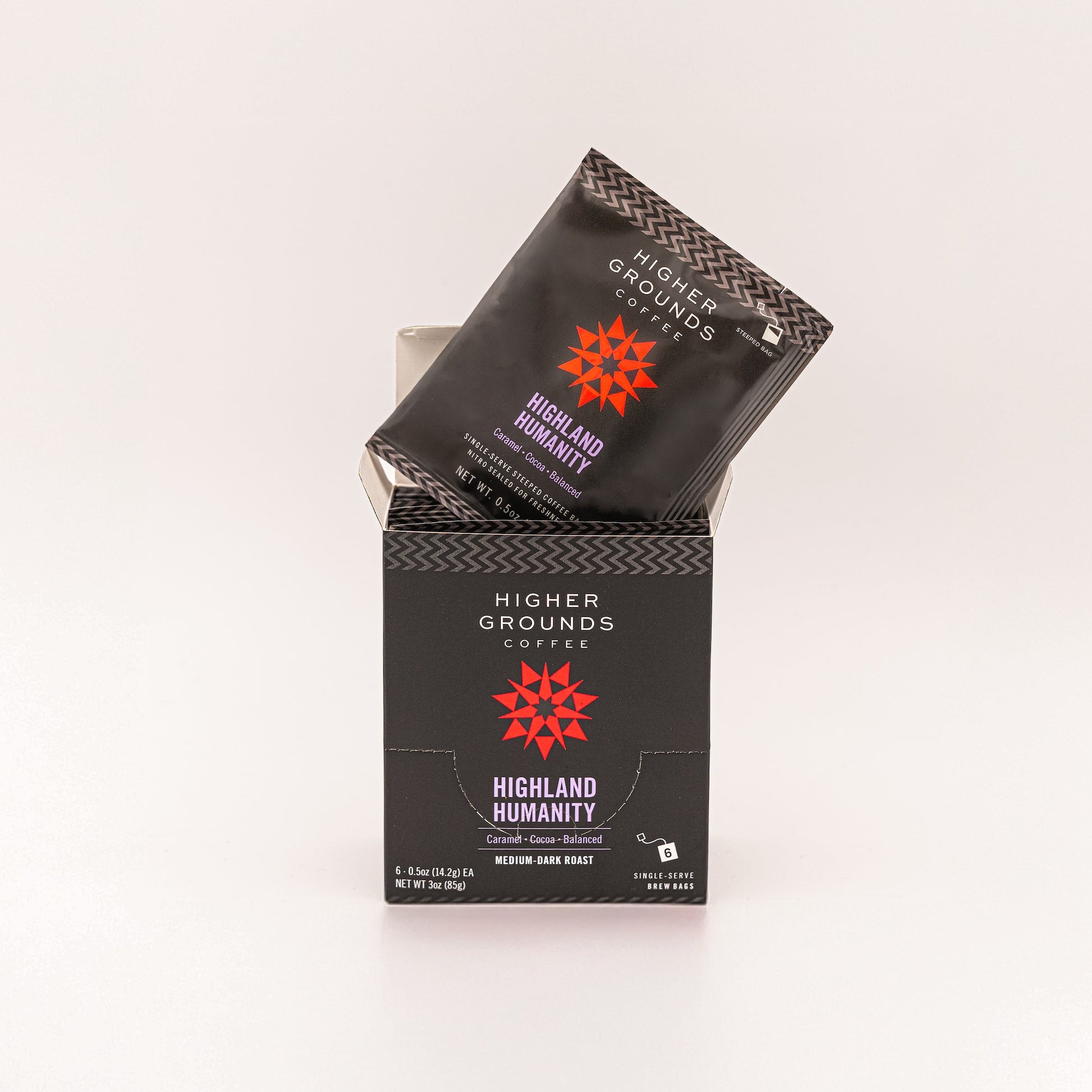 6 count box of single serve Steeped coffee bags of organic Highland Humanity