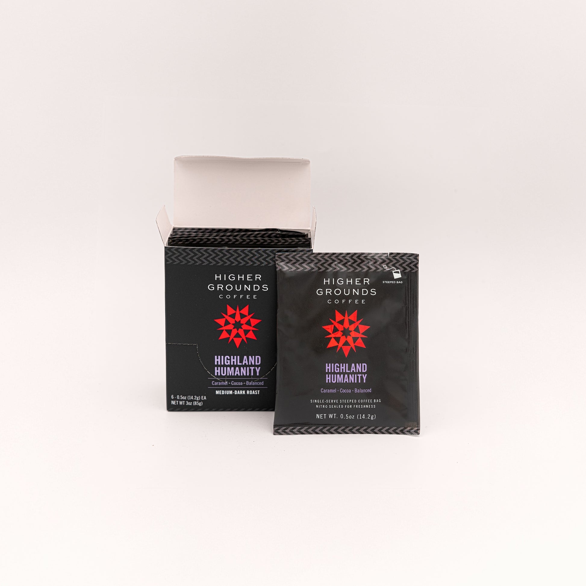 6 count box of single serve Steeped coffee bags of organic Highland Humanity