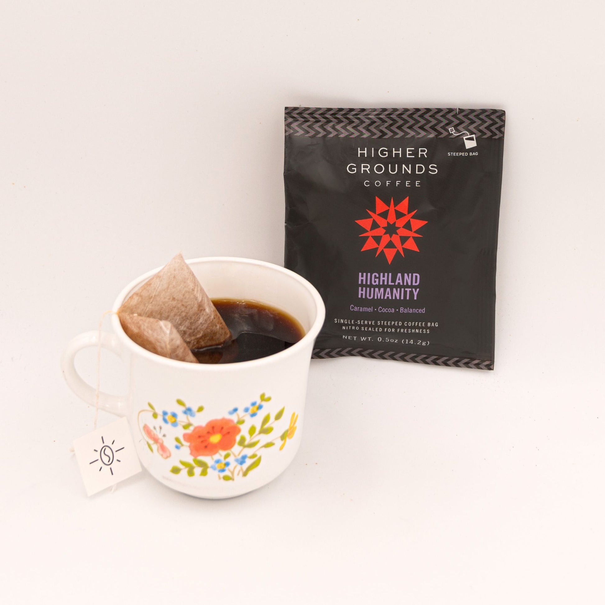 Single serve Steeped coffee bag of organic Highland Humanity